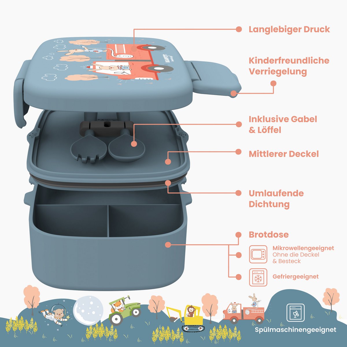 Kinderlunchbox met vakken, licht en lekvrij - brandweer Joy&Bloom