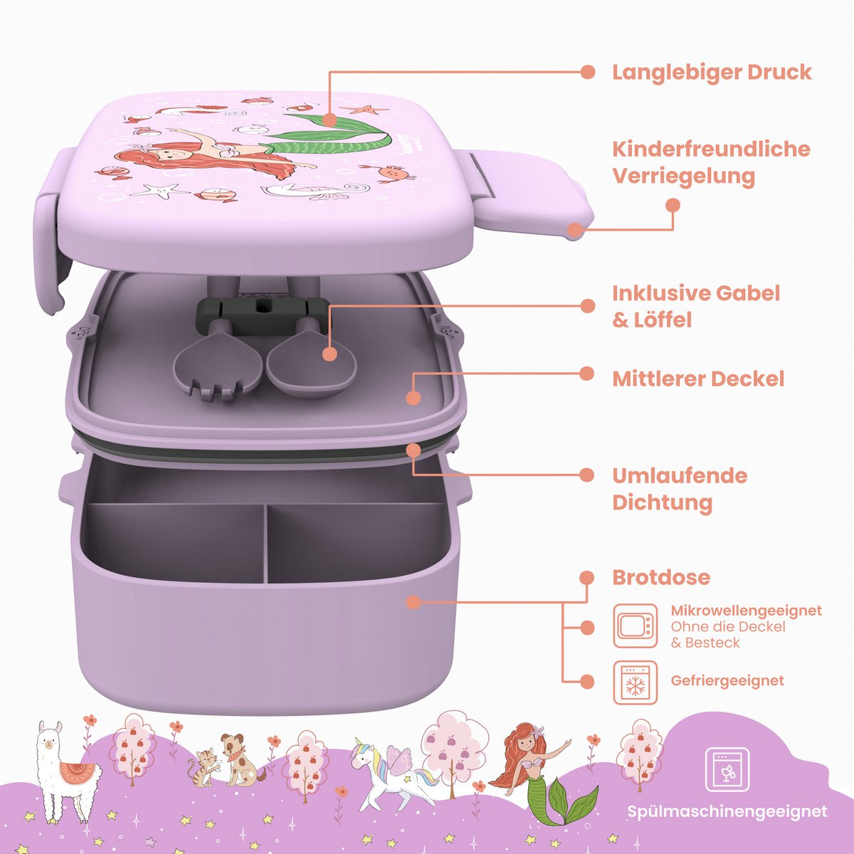 Kinderlunchbox met vakken, licht en lekvrij - zeemeermin Joy&Bloom