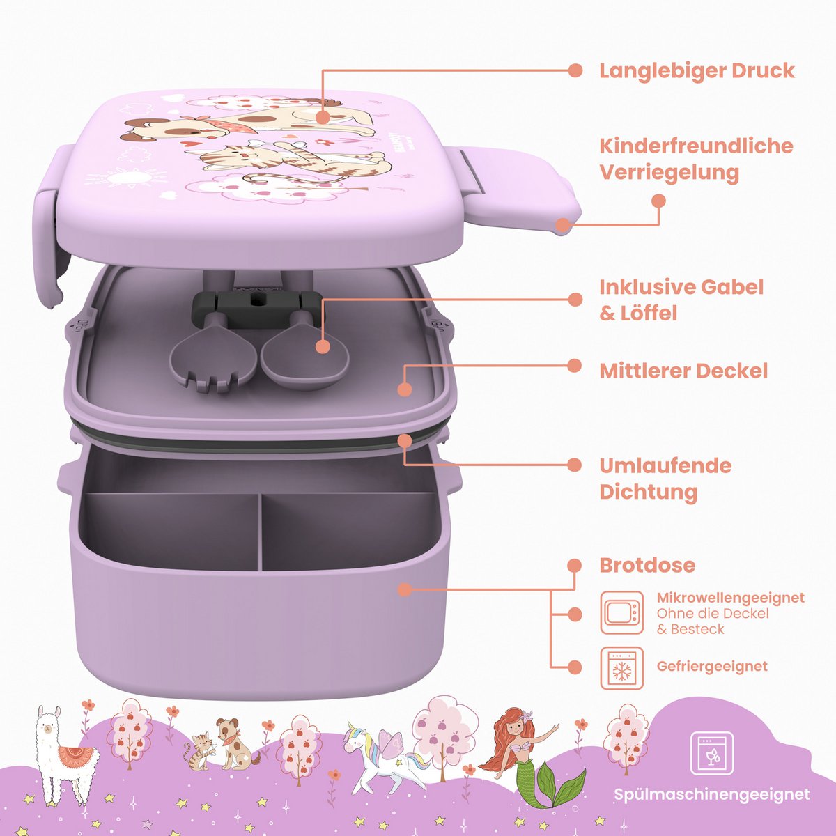 Kinderlunchbox met vakken, licht en lekvrij - hond, cat Joy&Bloom