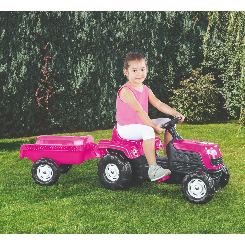 Dolu Eenhoorn Traptractor Met Aanhanger Roze/Zwart Tractors Joy&Bloom