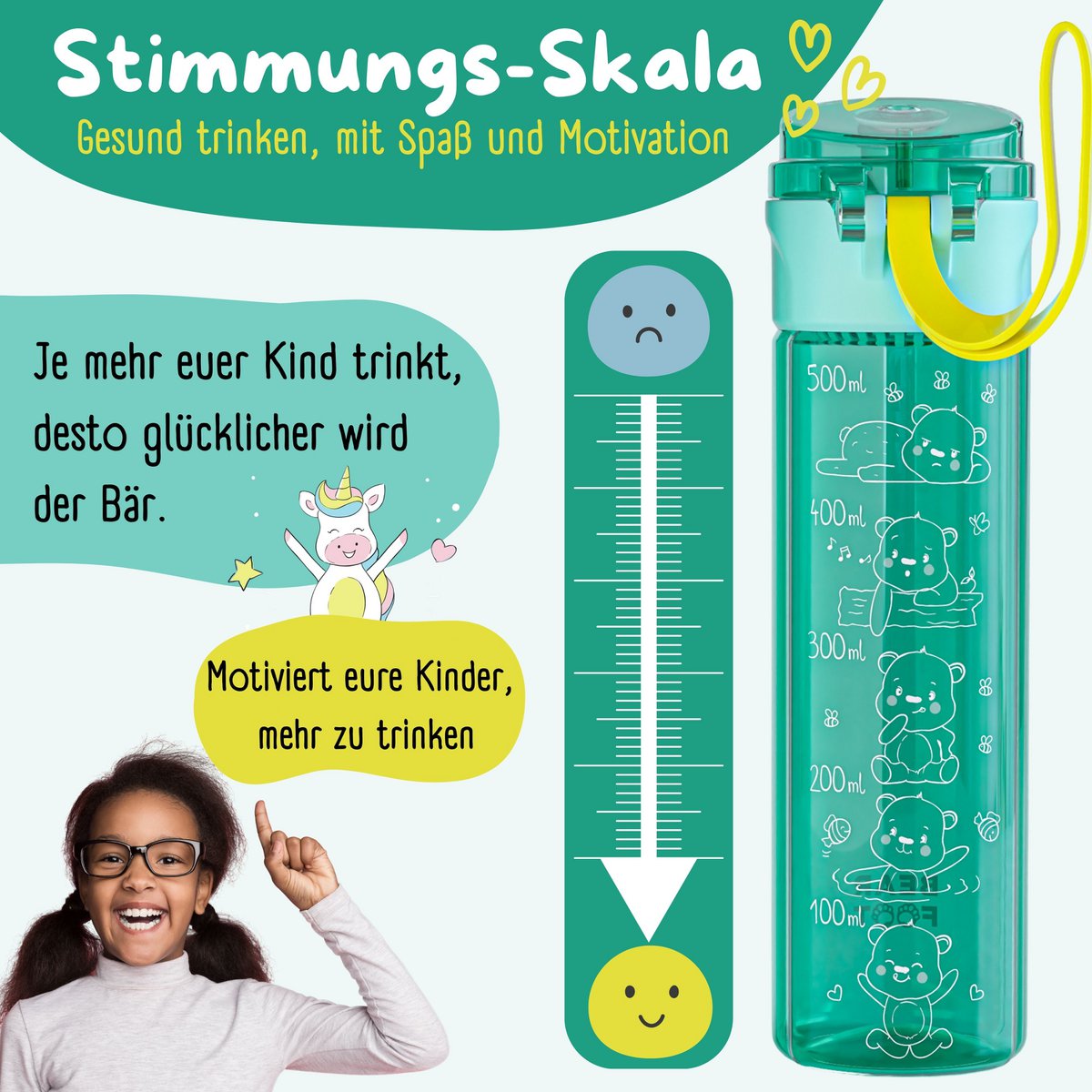 Kinderdrinkfles, 500 ml, licht - logo-mint Joy&Bloom