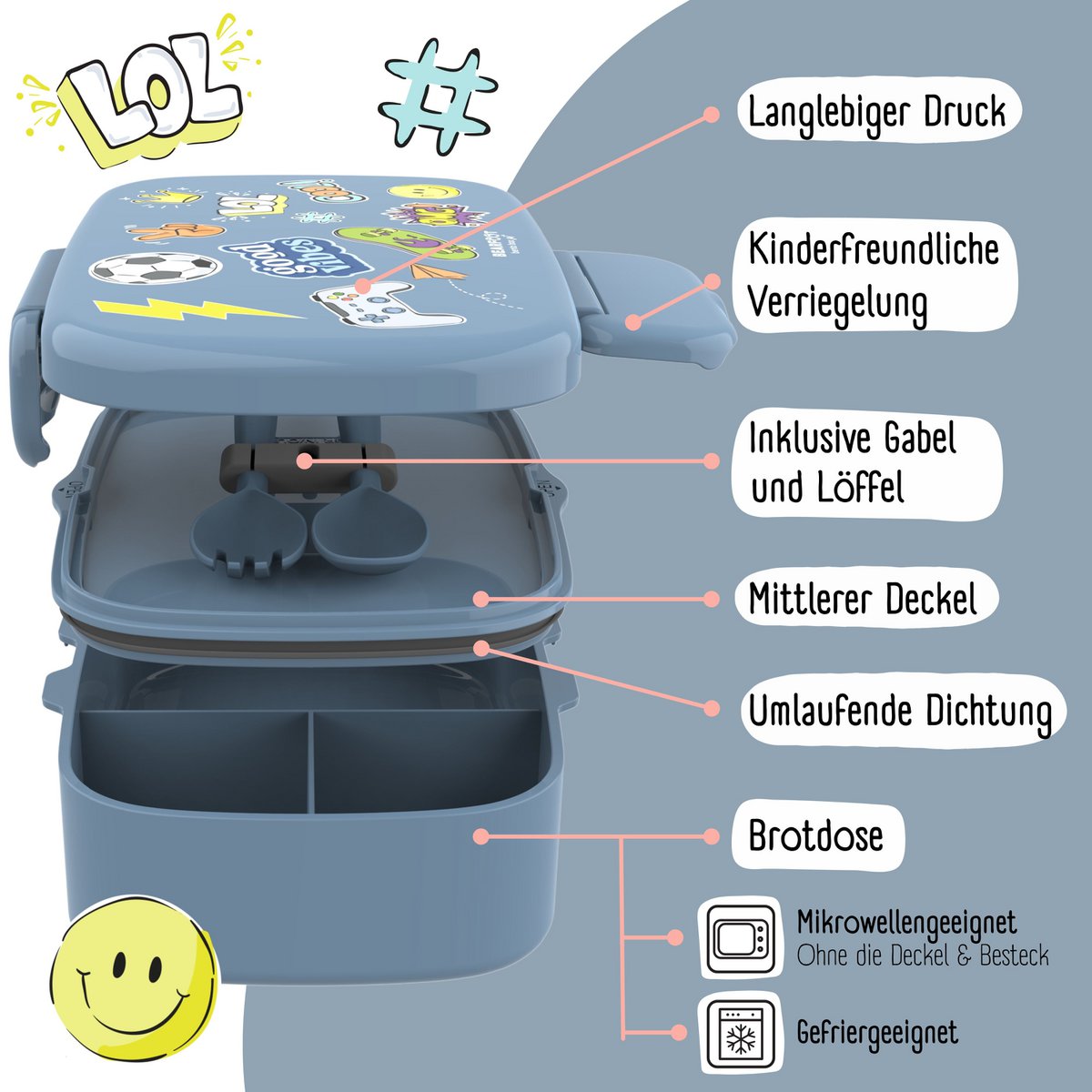Kinderlunchbox met vakken, lekvrij - sticker, blauw Joy&Bloom