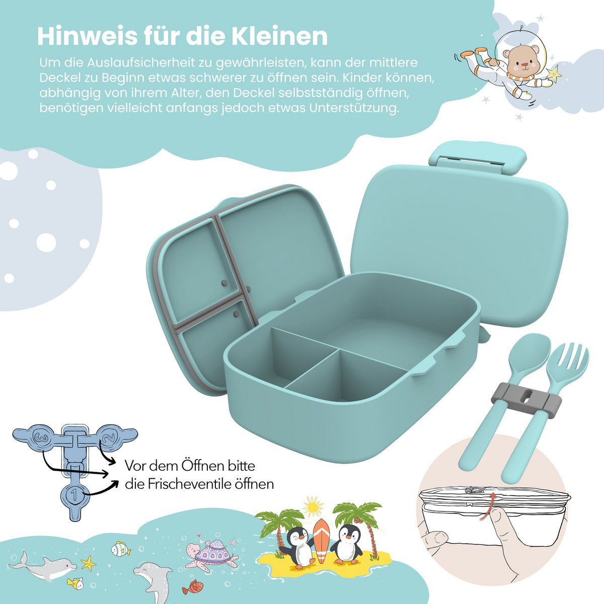 Kinderlunchbox met vakken, licht en lekvrij - mint Joy&Bloom