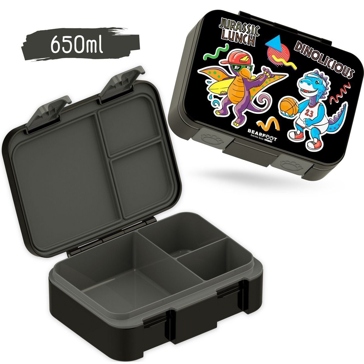 Lunchbox met compartimenten, licht en lek -proof - dinosaal zwart