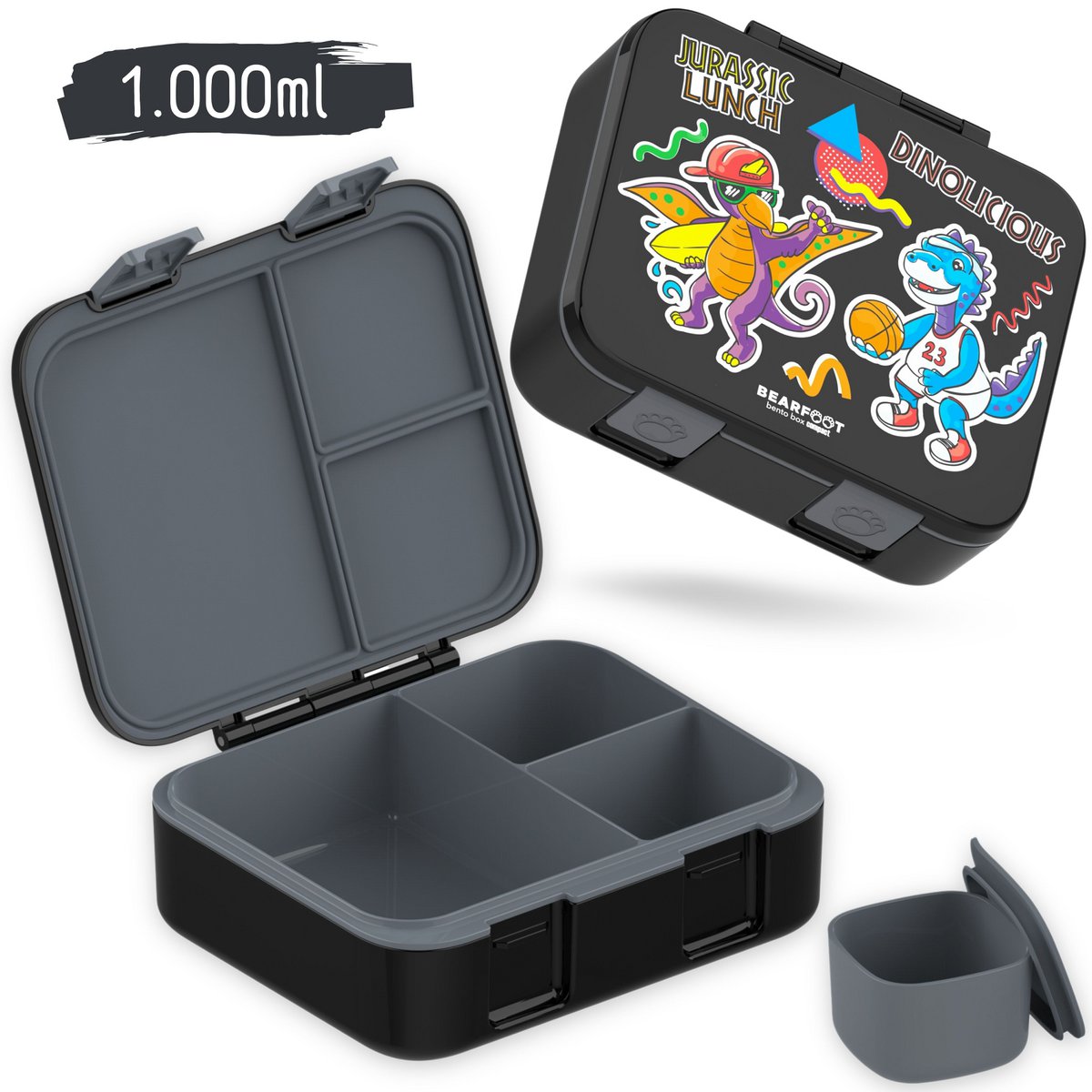 Lunchbox met compartimenten, licht en lek -proof - dinosaal zwart Joy&Bloom