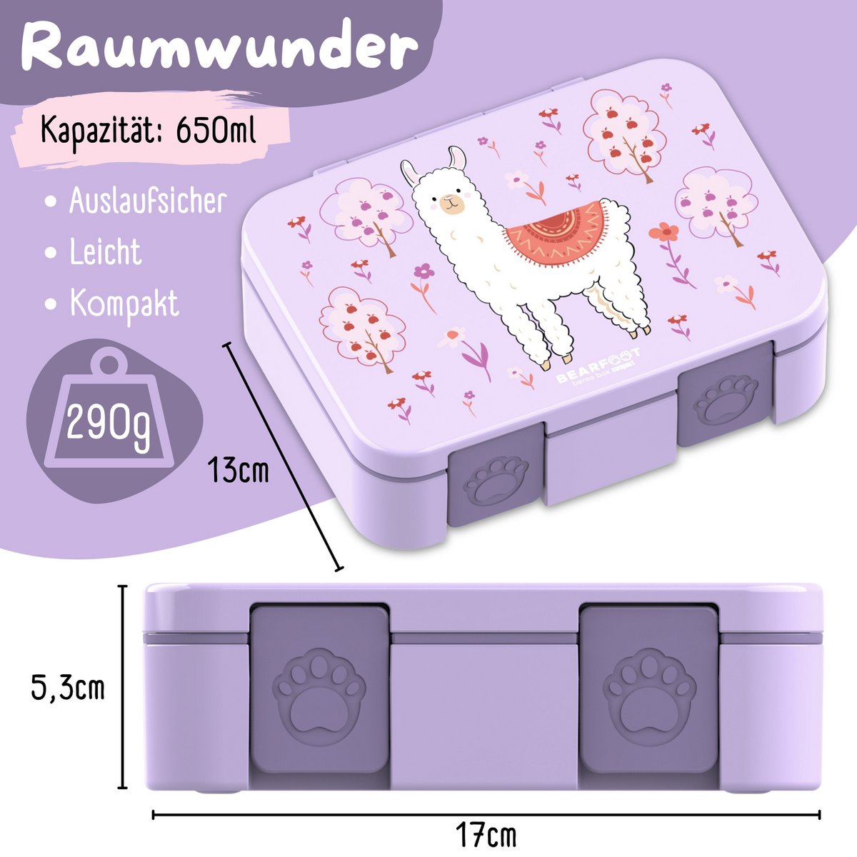 Lunchbox met onderwerpen, licht en lek -proof - lama alpaca lila Joy&Bloom