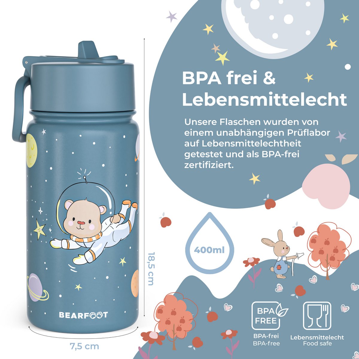 Thermo kinderdrinkfles RVS - Astro Beer blauw Joy&Bloom