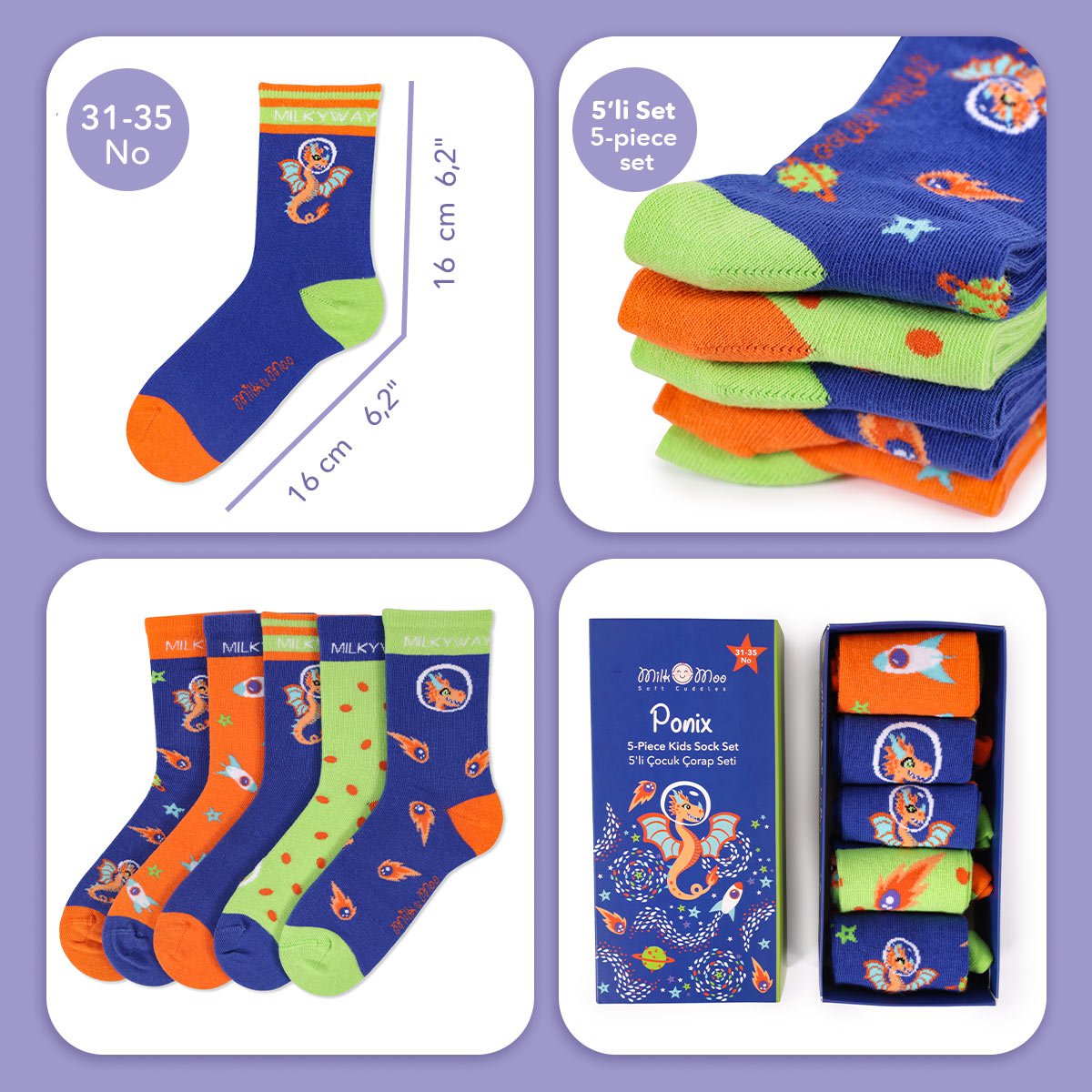Milk&Moo Ponix kindersokkenset, 5-pack, maat 31-35, kleurrijk en comfortabel ontwerp Joy&Bloom