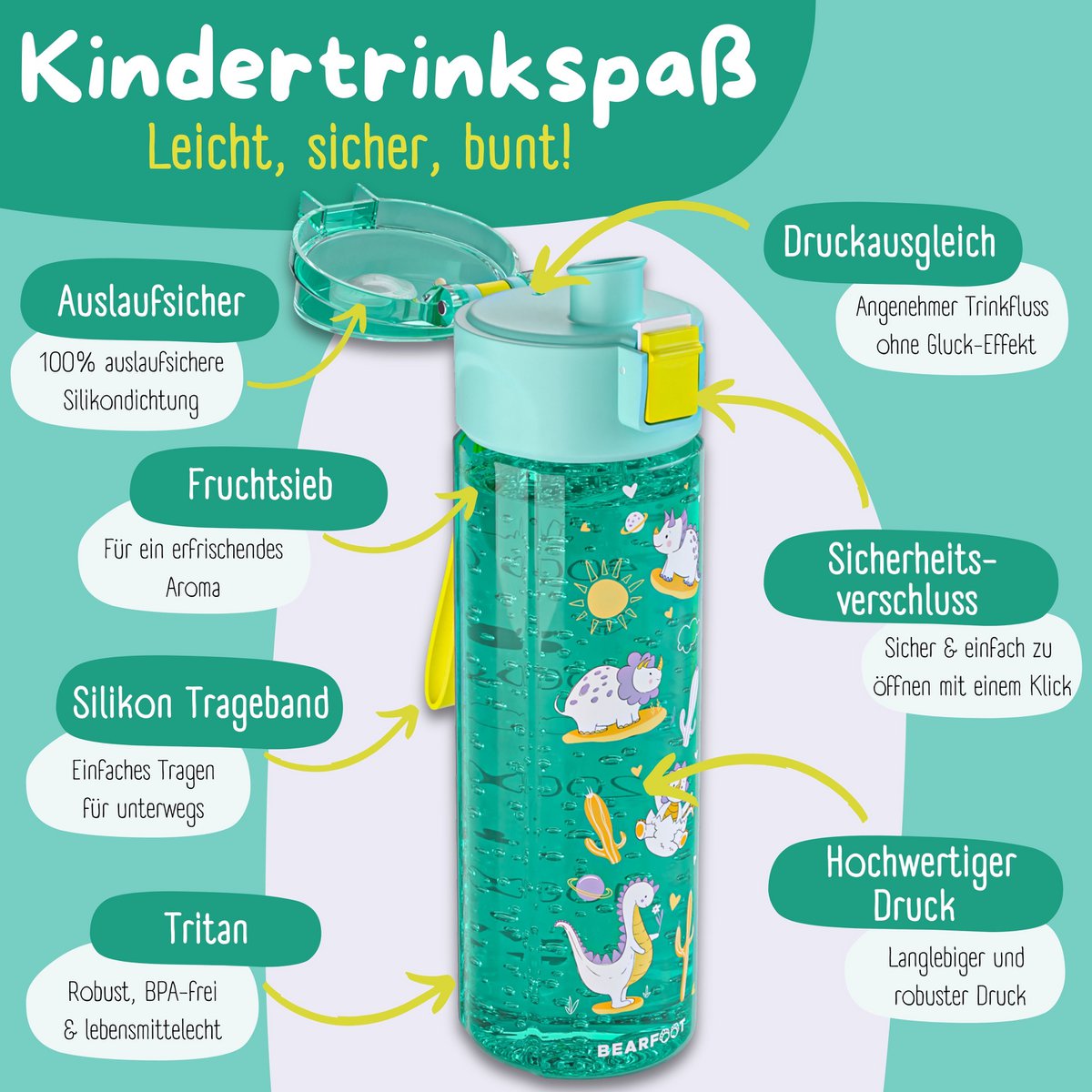 Kinderdrinkfles, 500ml, licht - Dinos-mint Joy&Bloom