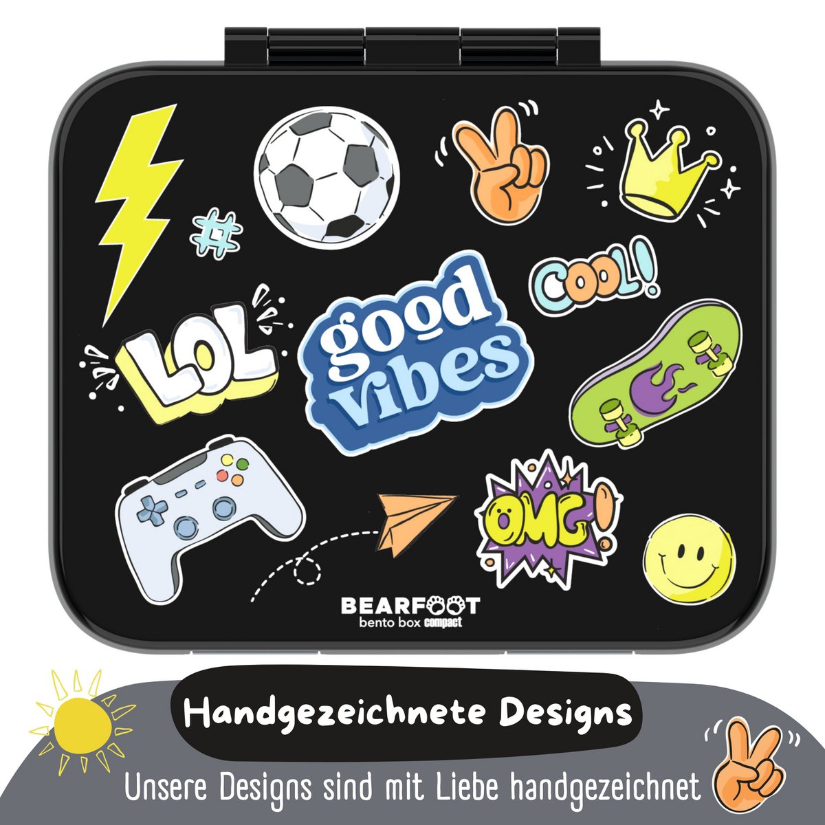 Lunchbox met compartimenten, licht en lek - sticker zwart