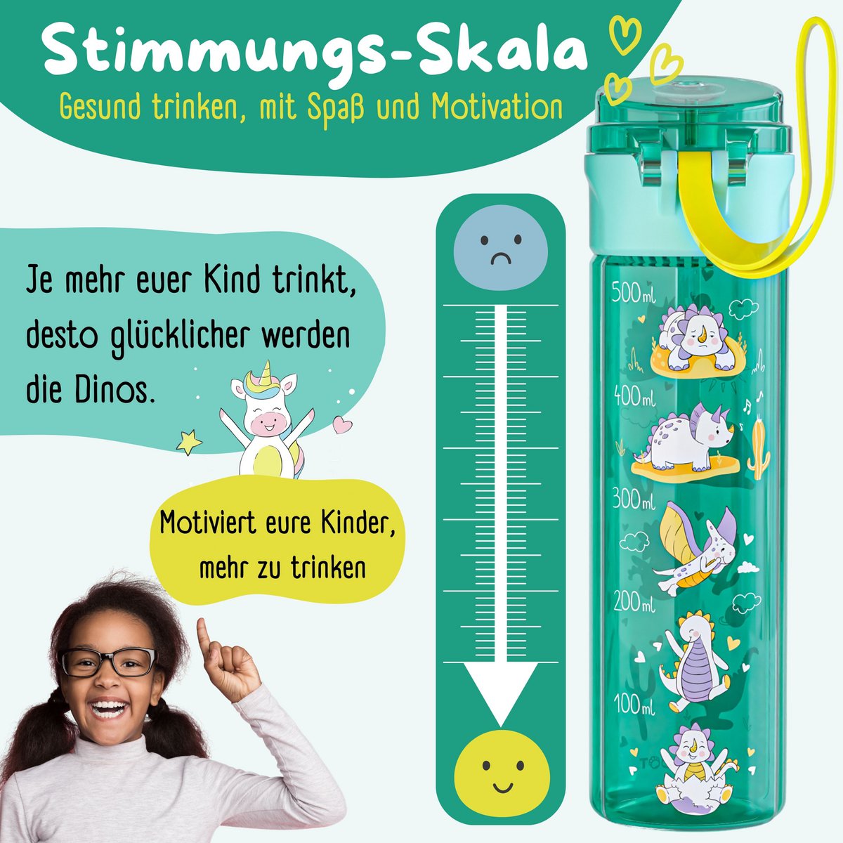 Kinderdrinkfles, 500ml, licht - Dinos-mint Joy&Bloom