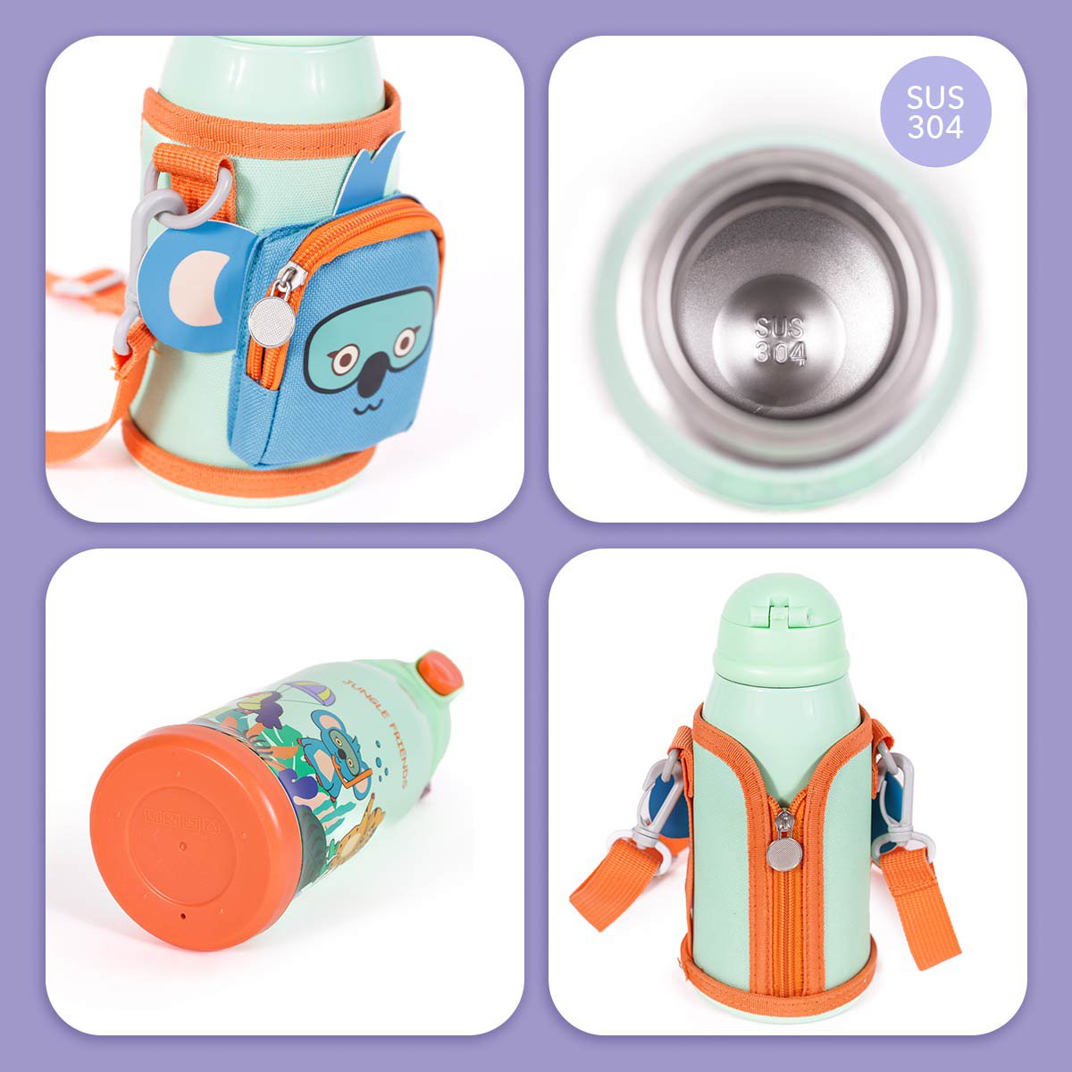 MILK&MOO Stalen kinderwaterfles met tas Jungle Friends 550 ml / 18,5 oz Joy&Bloom
