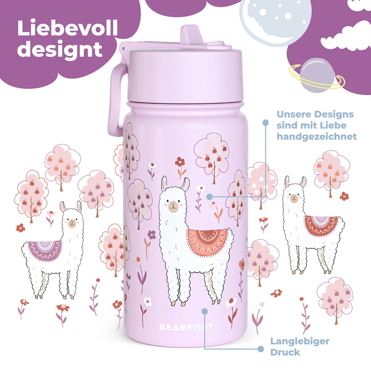 Thermo kinderdrinkfles RVS - lama Alpaca paars Joy&Bloom