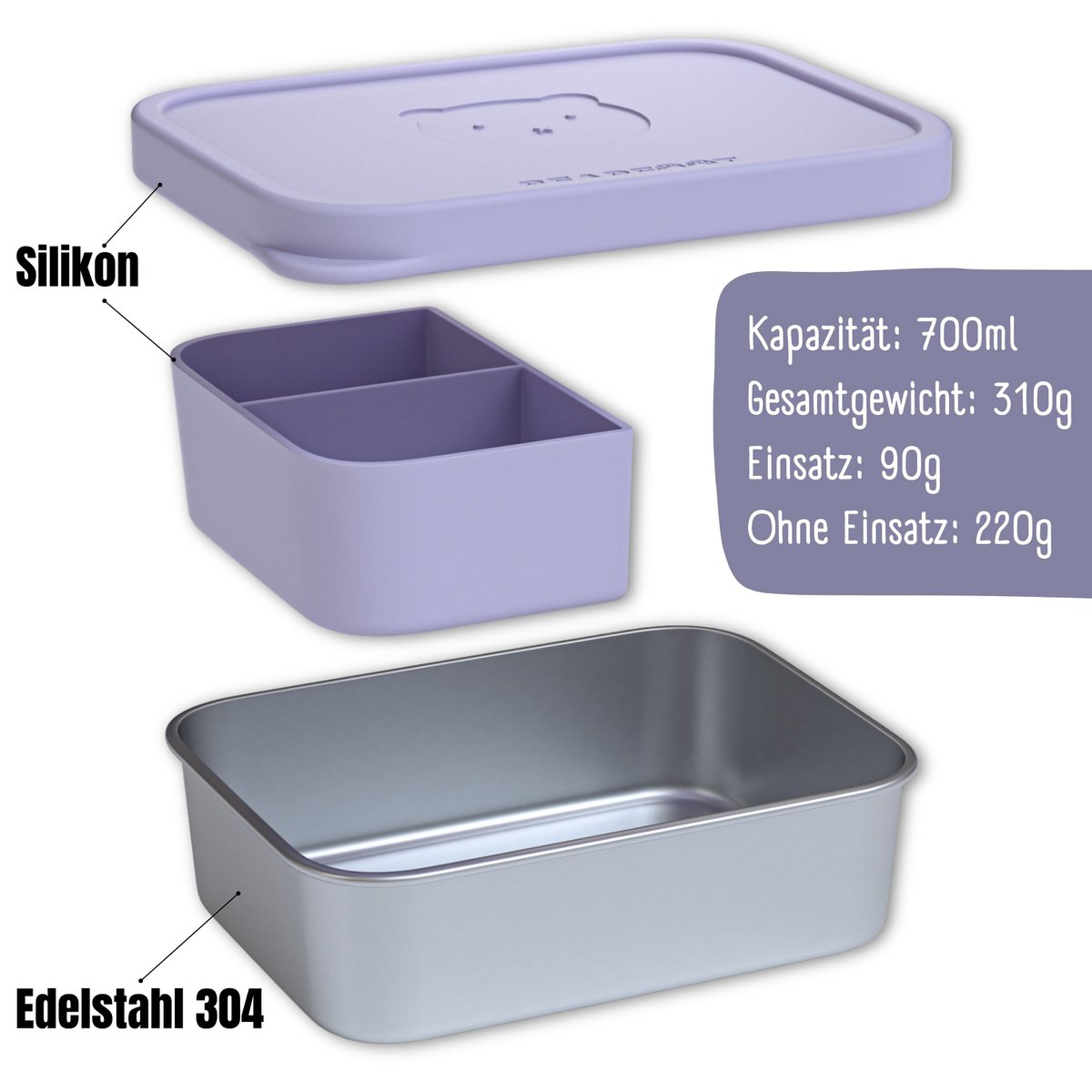 Kinderlunchbox RVS met siliconen inzetstuk - lavendel