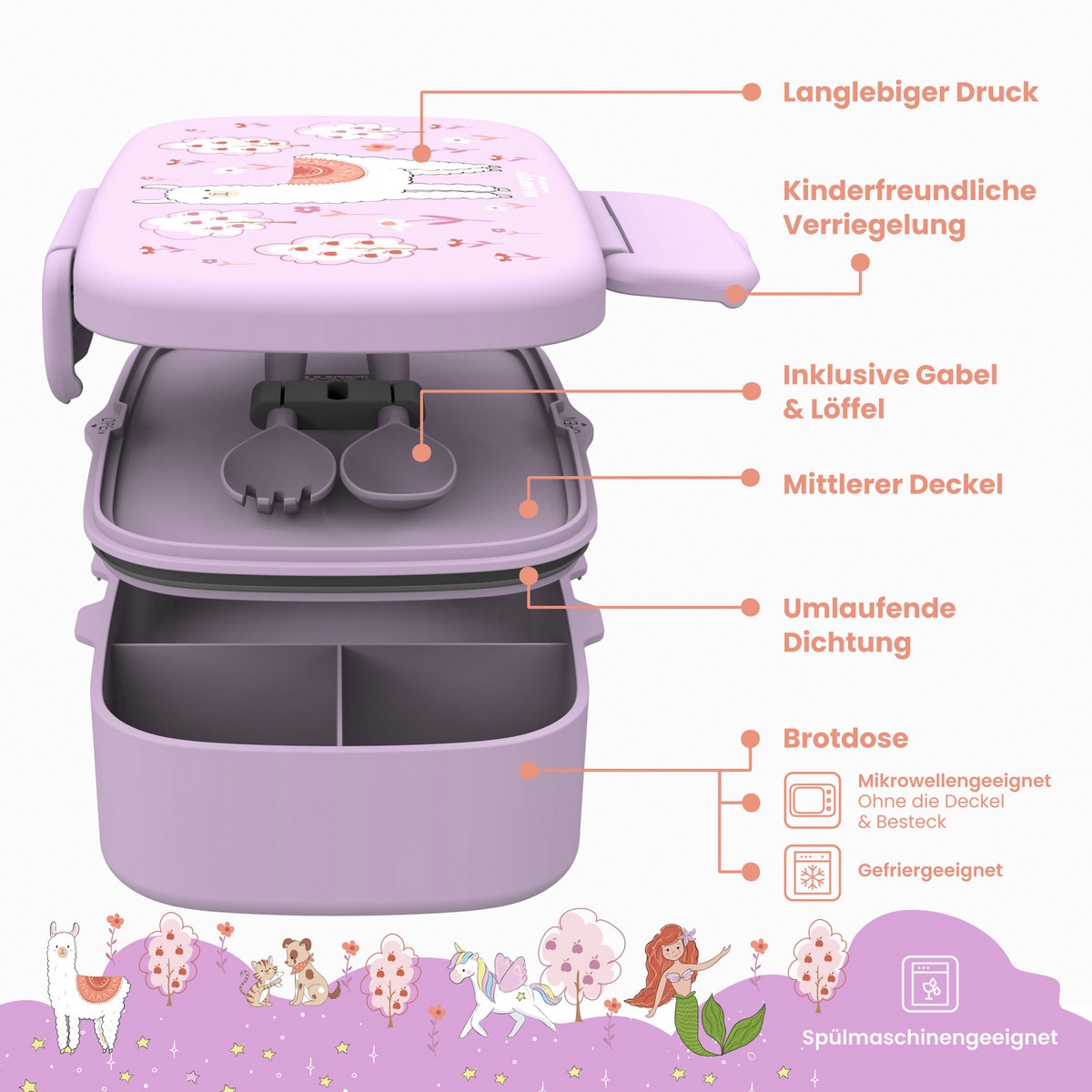 Kinderlunchbox met vakken, licht en lekvrij - Lama/alpaca Joy&Bloom