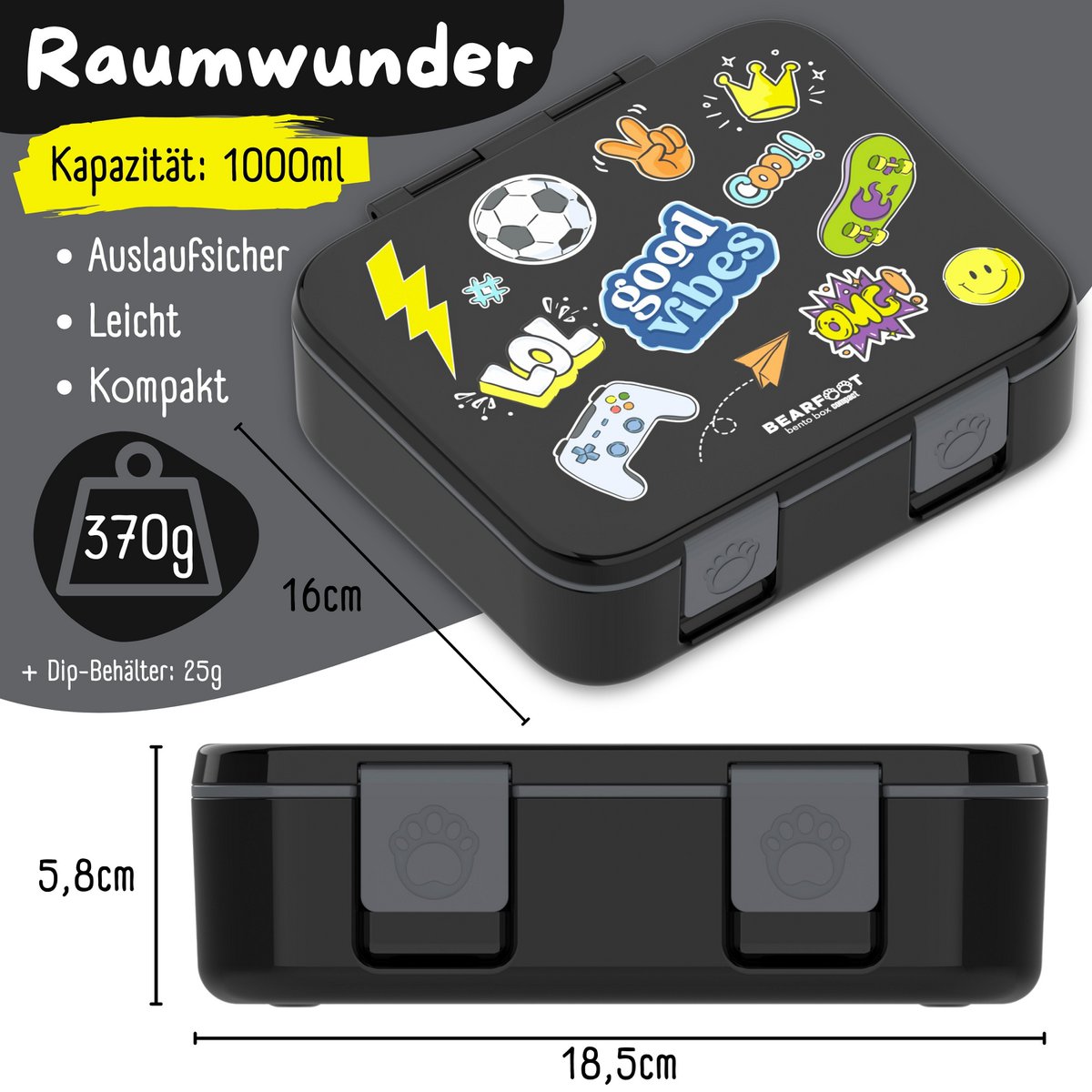 Lunchbox met compartimenten, licht en lek - sticker zwart