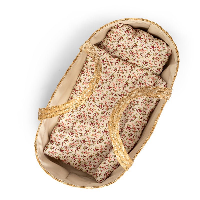 Rieten Poppenreiswieg / Mozes mandje met bedsetje 50cm Joy&Bloom