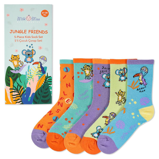 Milk&Moo Jungle Friends 5-pack kindersokken, maat 27-30, zachte en duurzame stof Joy&Bloom