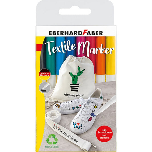 Eberhard Faber Textielmarker 8 Stuks In Etui + 4 Stencils Met Sjablonen Default Title Hobby + Knutselen Joy&Bloom