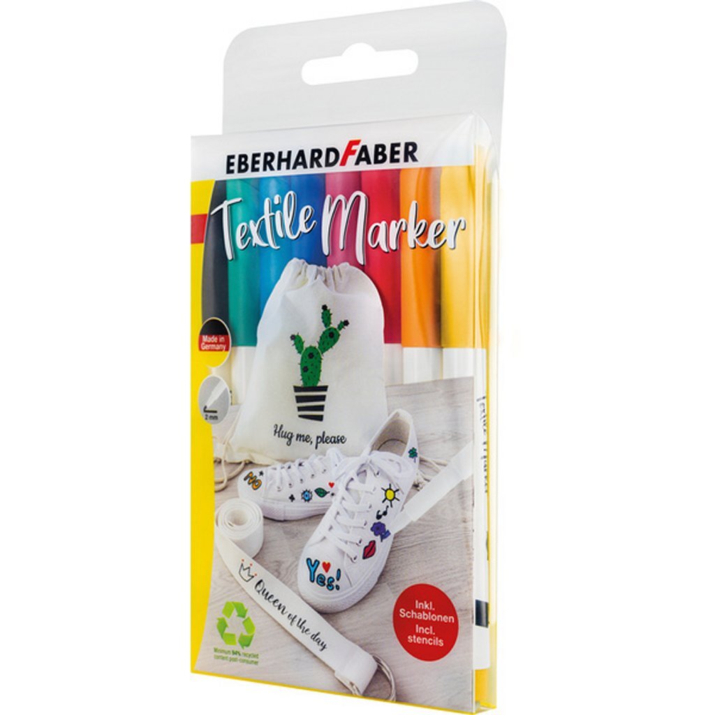 Eberhard Faber Textielmarker 8 Stuks In Etui + 4 Stencils Met Sjablonen Hobby + Knutselen Joy&Bloom