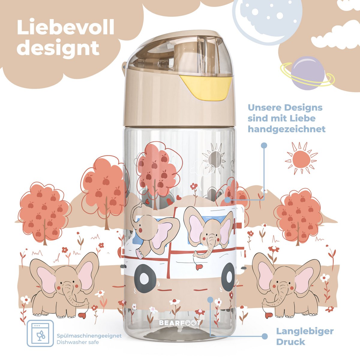 Kinderwaterfles, lichte waterfles - olifanten Joy&Bloom