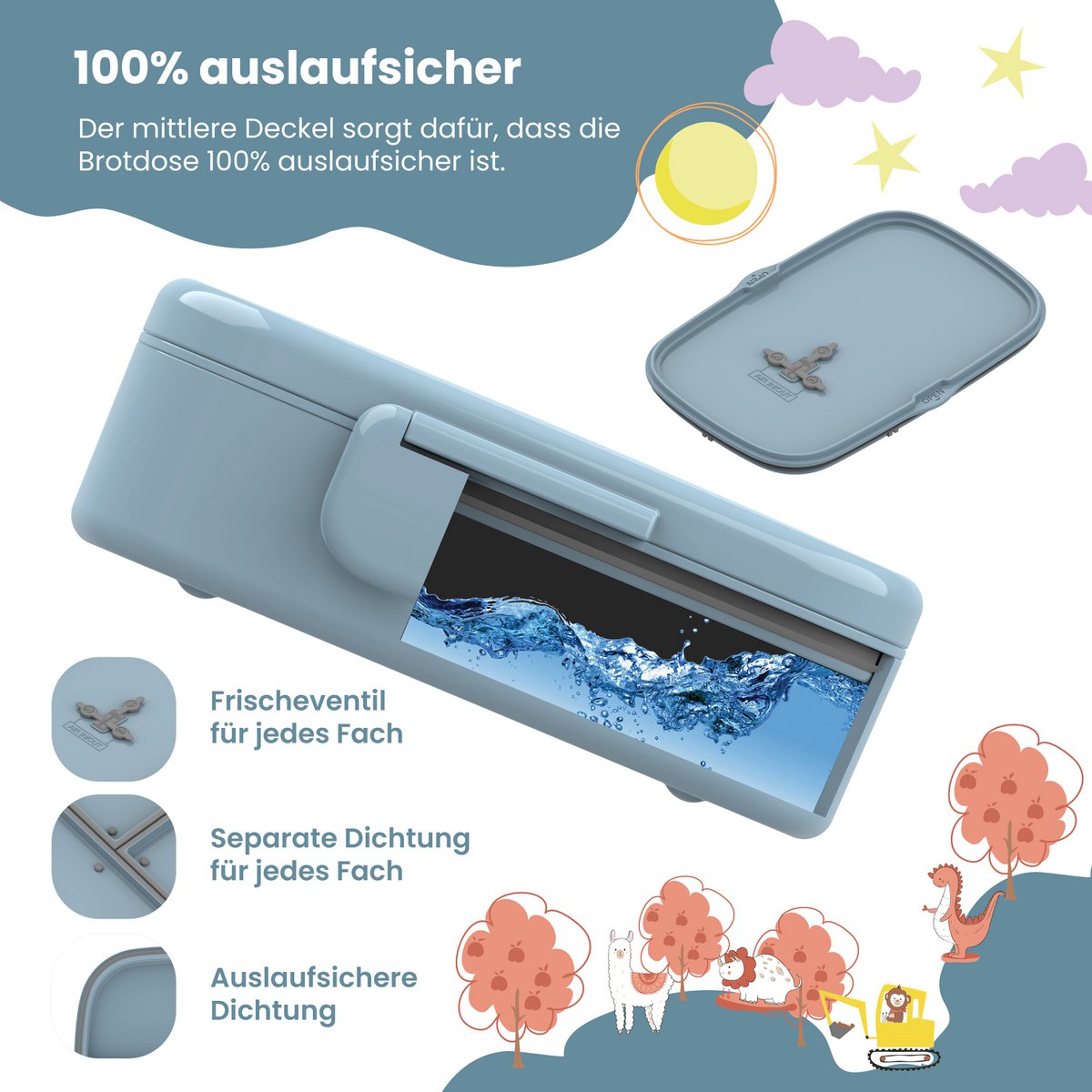 Kinderlunchbox met vakken, licht en lekvrij - blauw Joy&Bloom