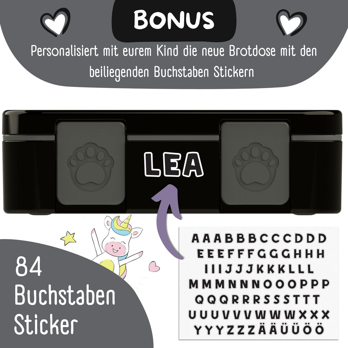 Lunchbox met compartimenten, licht en lek - sticker zwart