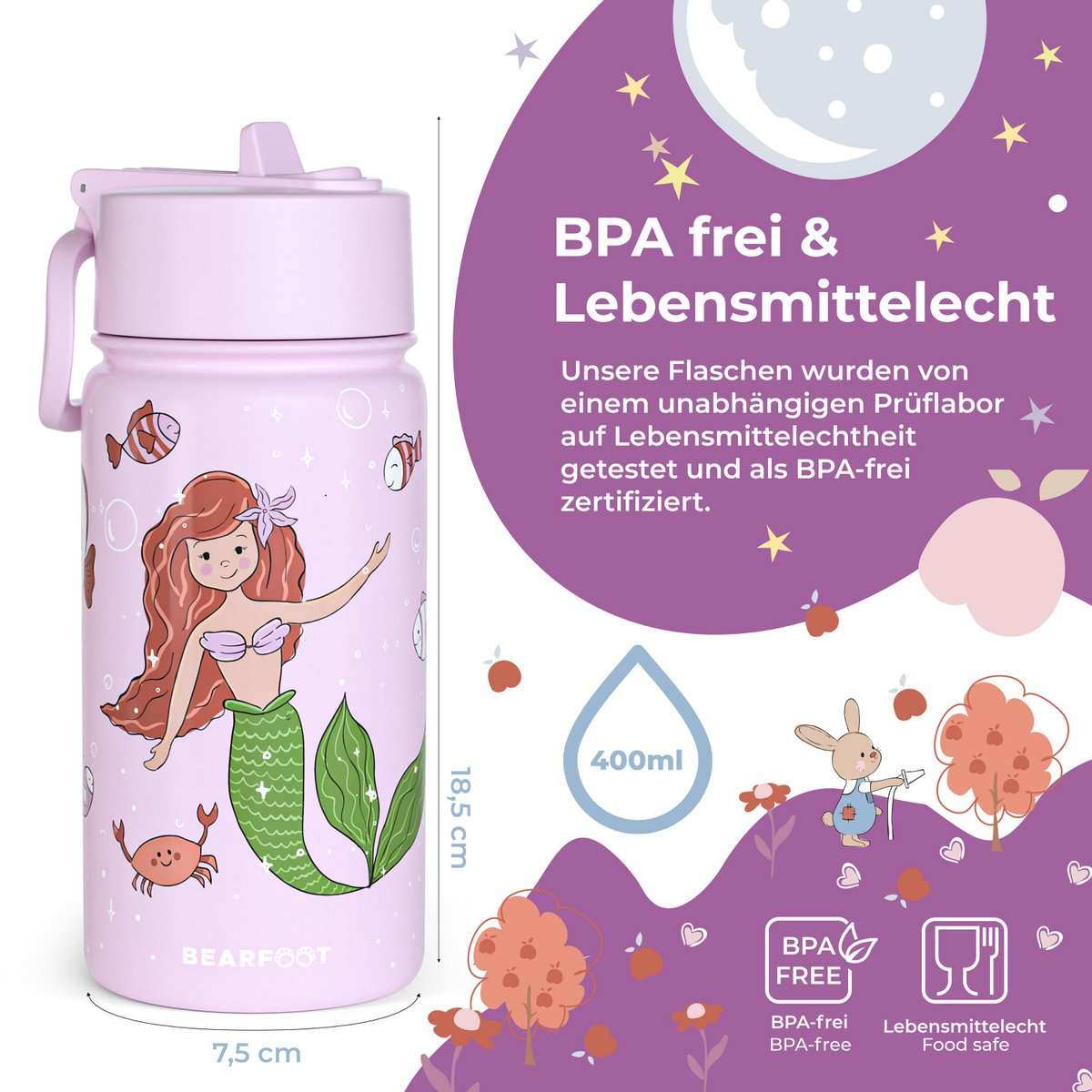 Thermo kinderdrinkfles RVS - zeemeermin paars Joy&Bloom