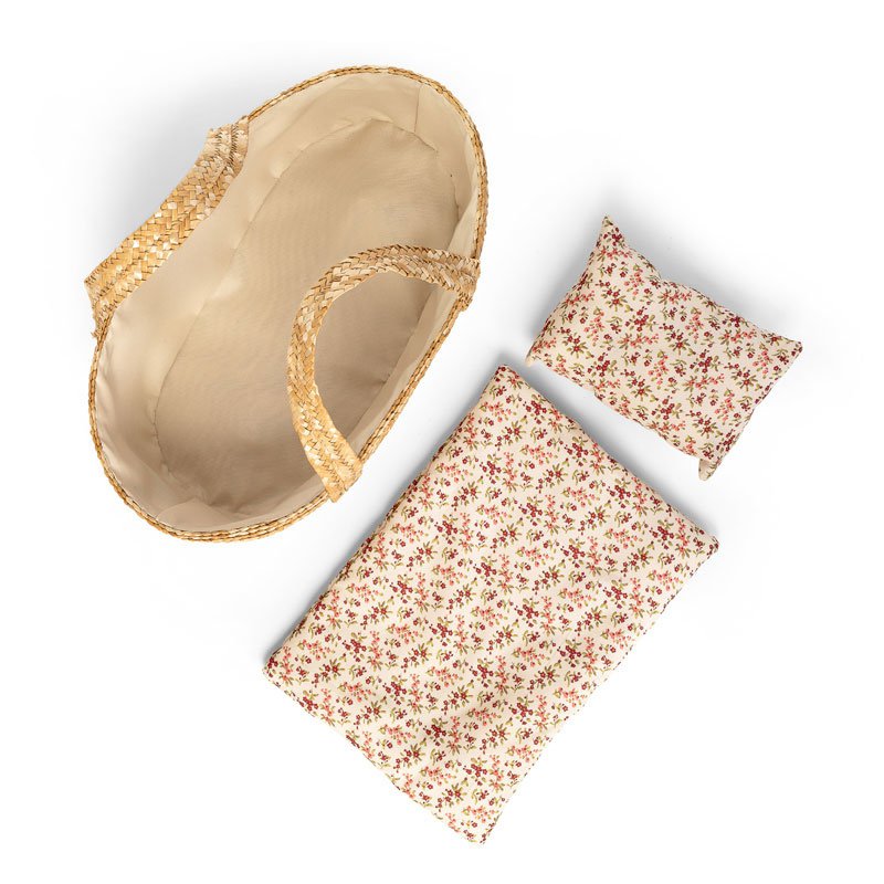 Rieten Poppenreiswieg / Mozes mandje met bedsetje 35cm Joy&Bloom