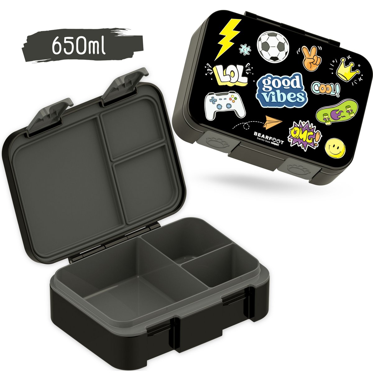 Lunchbox met compartimenten, licht en lek - sticker zwart