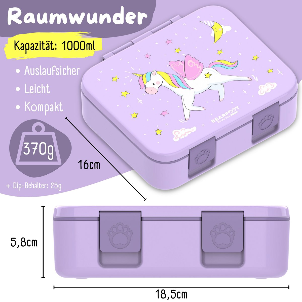 Lunchbox met compartimenten, licht en lek -proof - eenhoorn paars Joy&Bloom