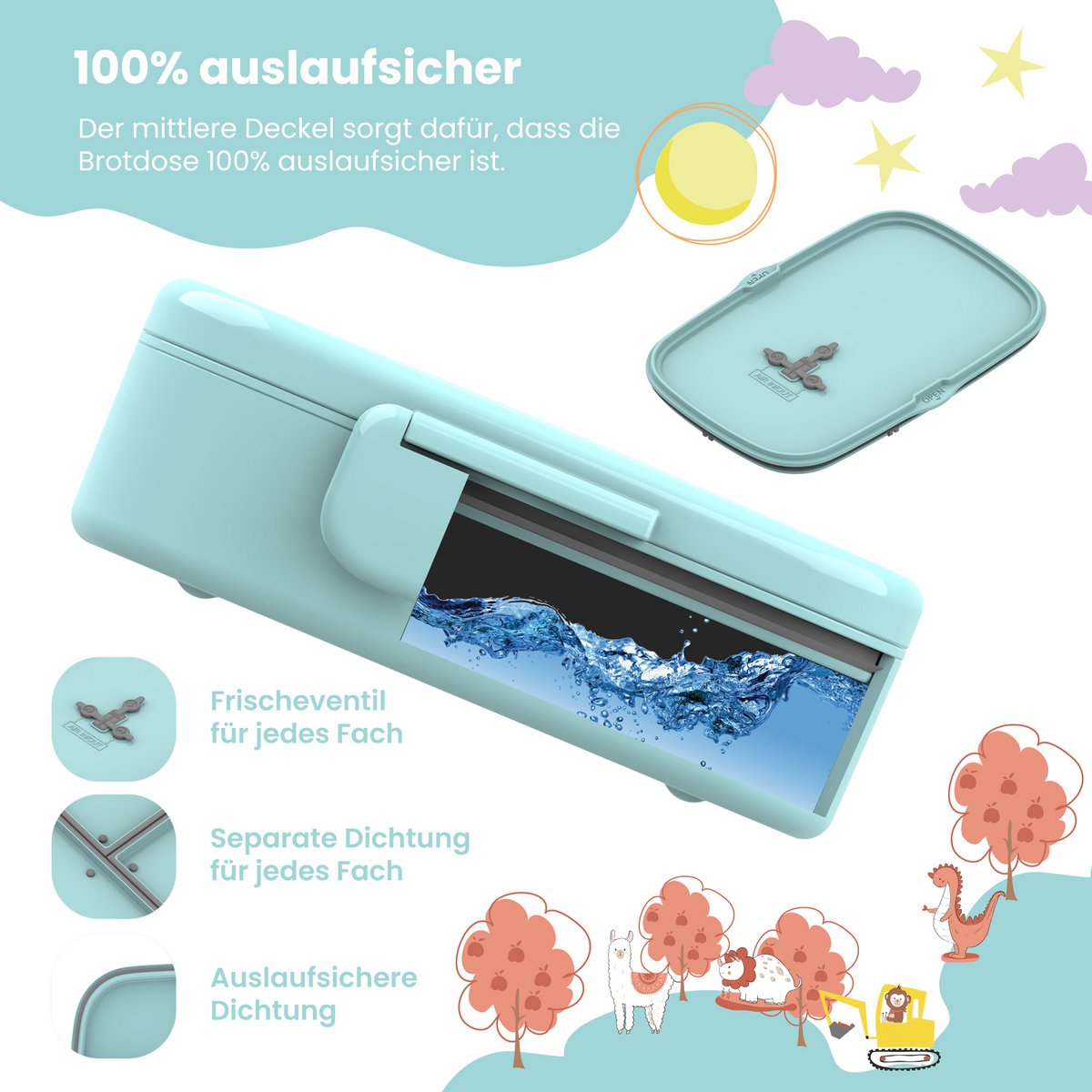 Kinderlunchbox met vakken, licht en lekvrij - mint Joy&Bloom
