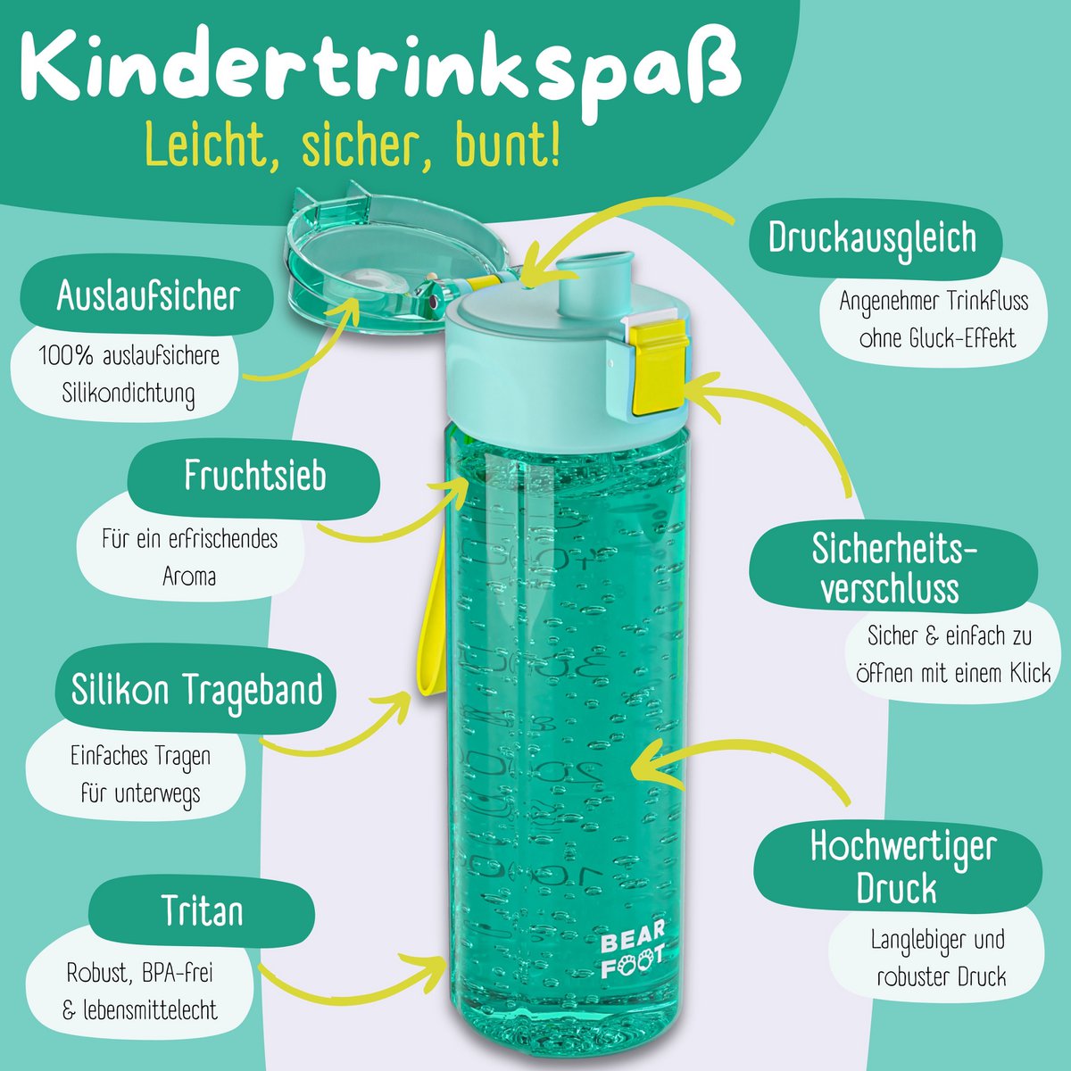 Kinderdrinkfles, 500 ml, licht - logo-mint Joy&Bloom
