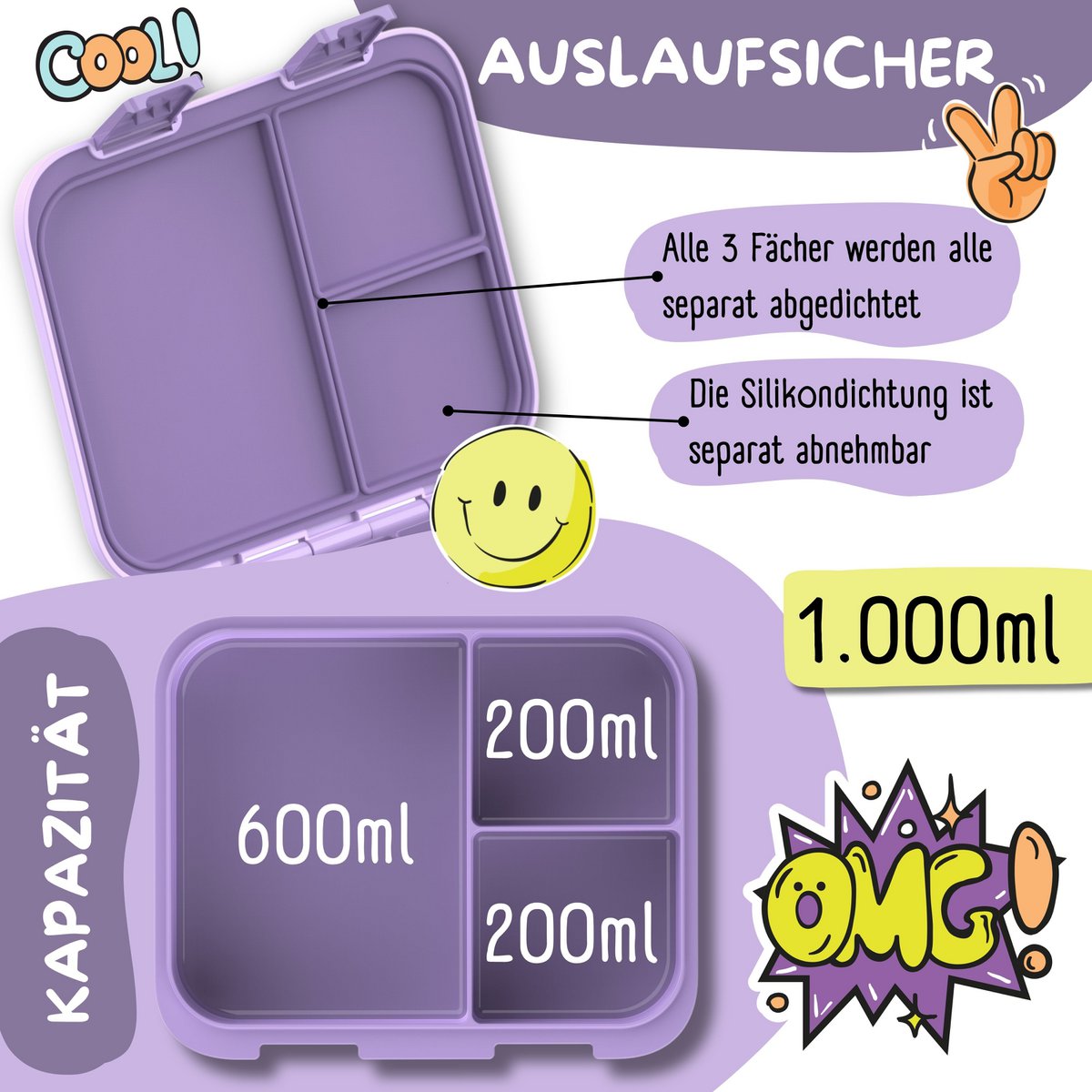 Lunchbox met compartimenten, licht en lek - sticker paars