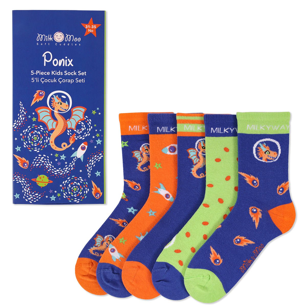 Milk&Moo Ponix kindersokkenset, 5-pack, maat 31-35, kleurrijk en comfortabel ontwerp Joy&Bloom