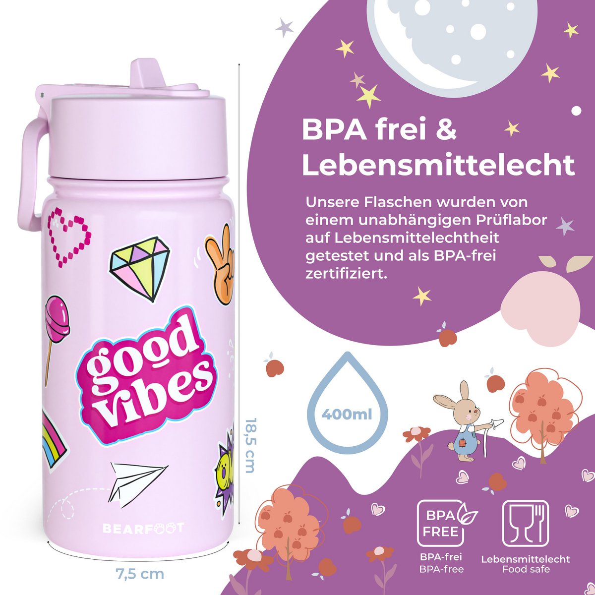 Thermo kinderdrinkfles RVS - sticker paars Joy&Bloom