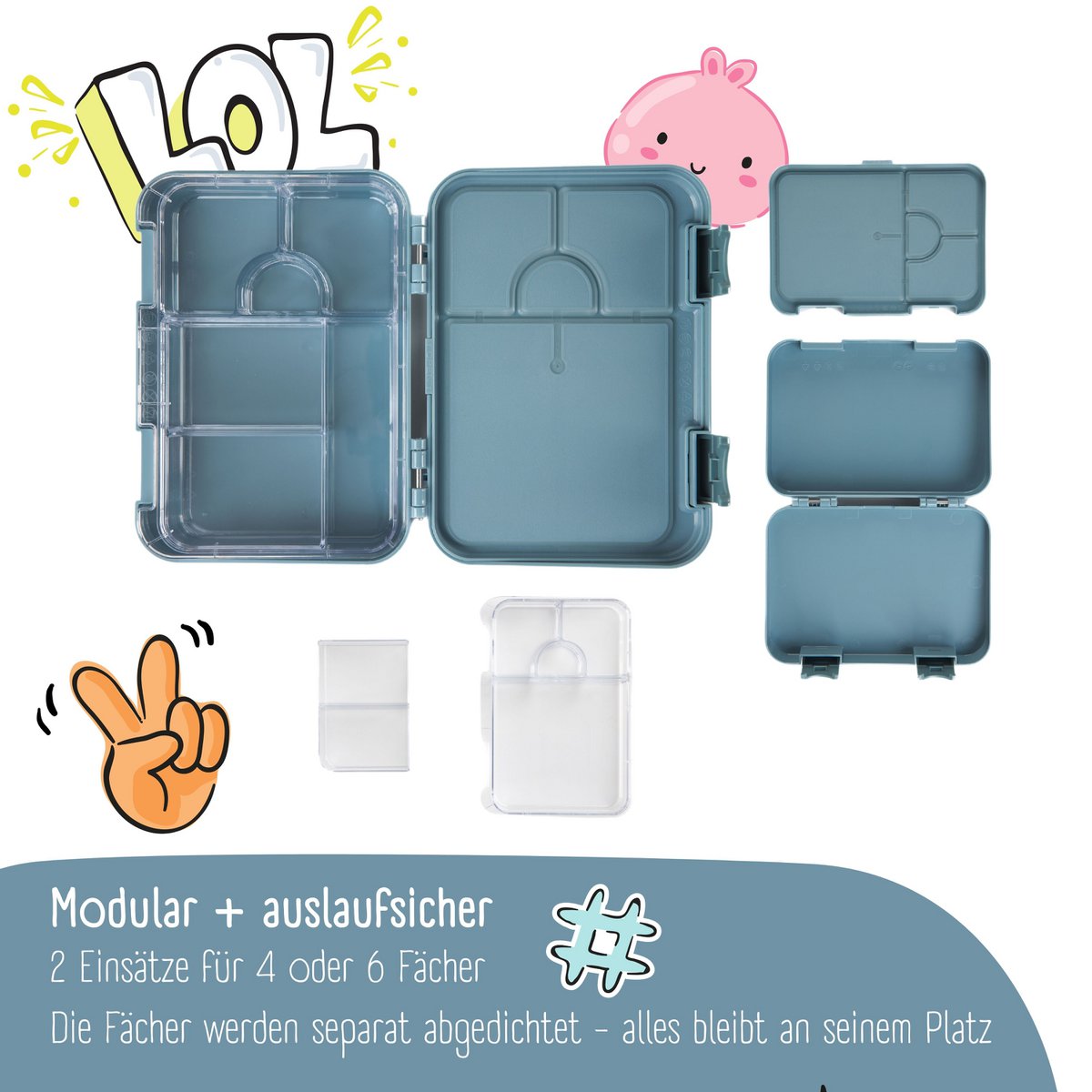 Kinderlunchbox met vakken, lunchbox, bentobox - blauw Joy&Bloom