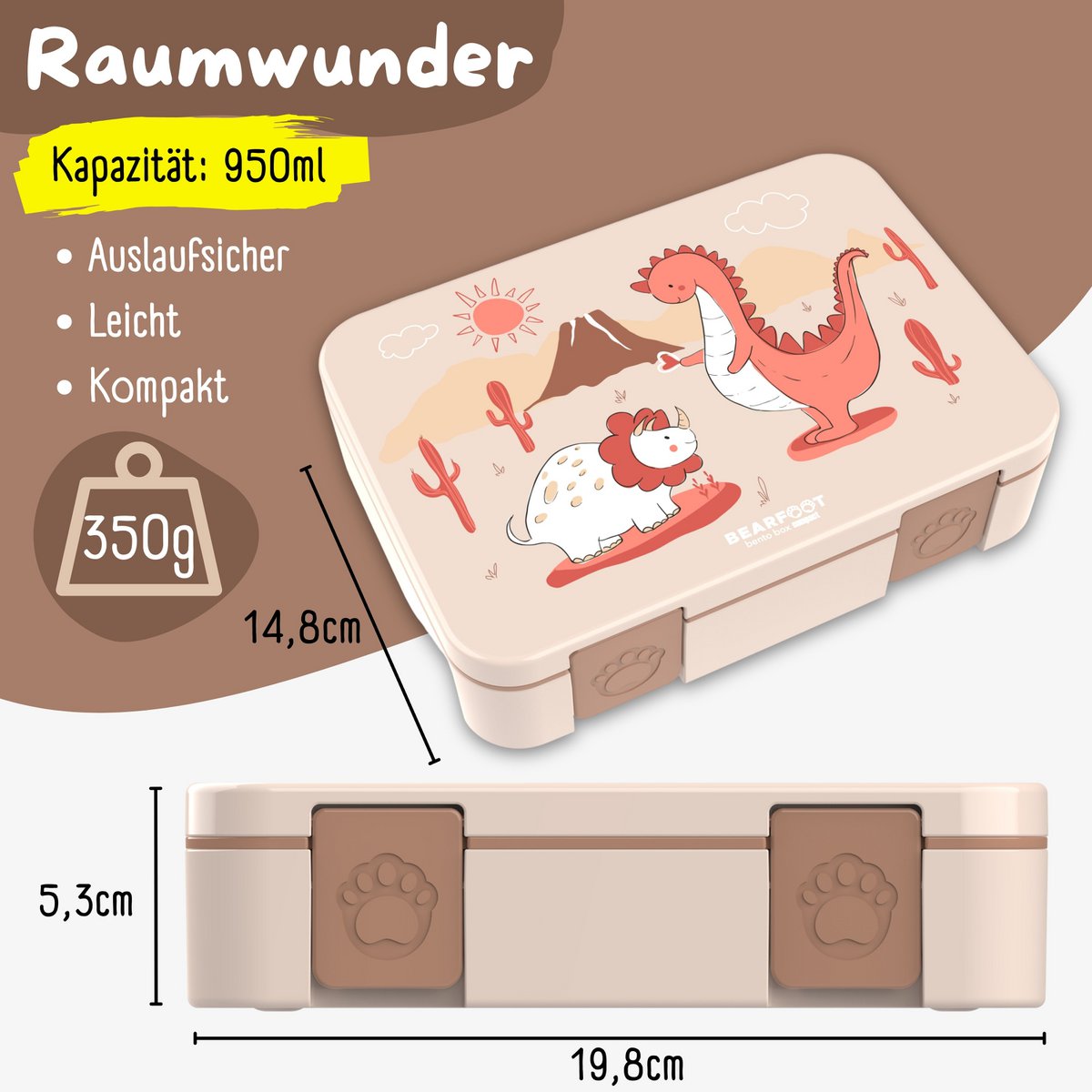 Lunchbox met compartimenten, licht en lek - proof - dino bruin