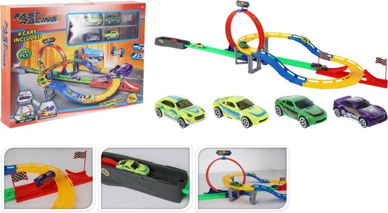 Speelset Autobaan Met Lanceerder En 4 Auto's