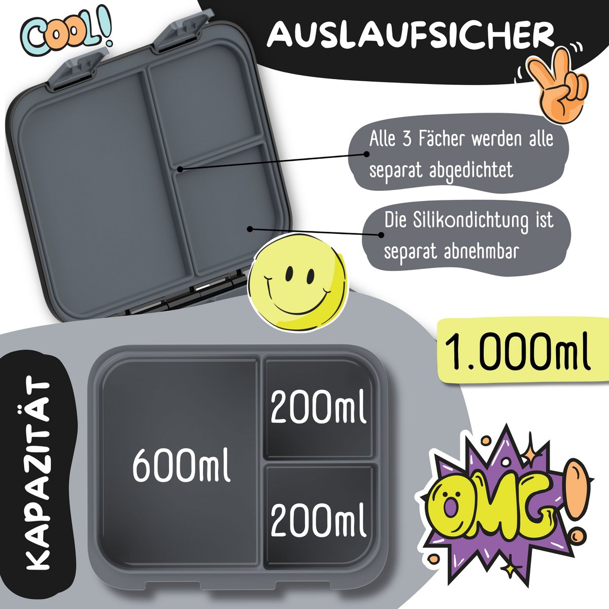 Lunchbox met compartimenten, licht en lek - sticker zwart