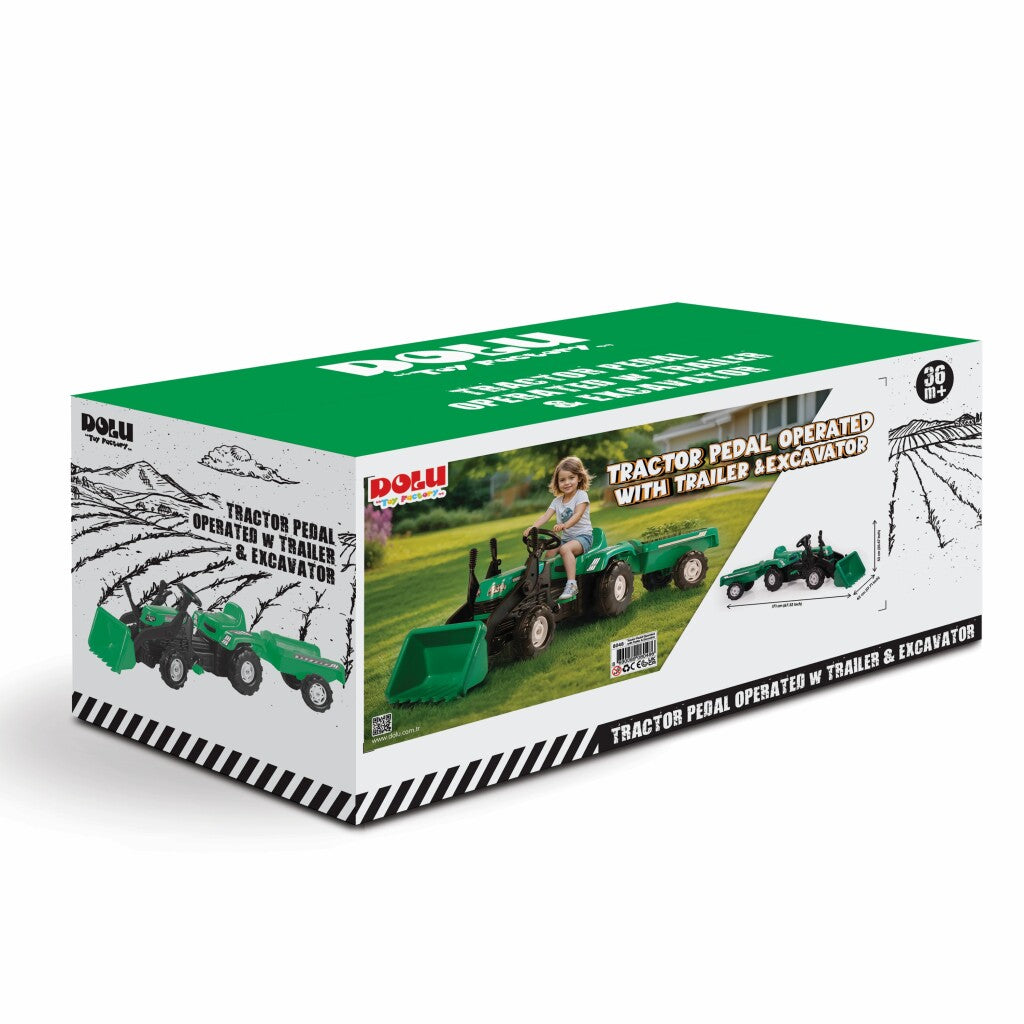 Dolu Traptractor Met Aanhanger &Amp; Voorlader &Amp; Claxon Groen/Zwart Tractors Joy&Bloom