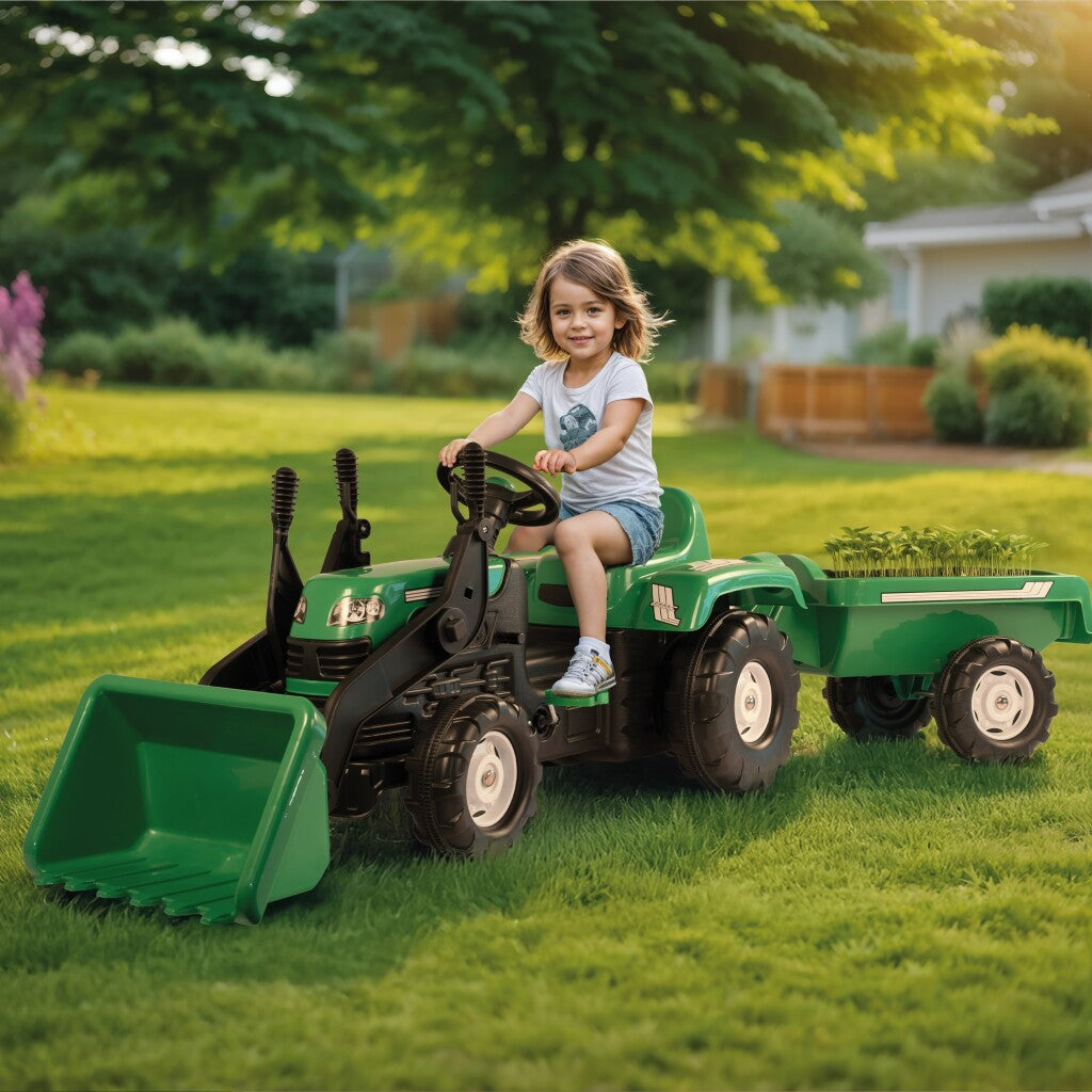 Dolu Traptractor Met Aanhanger &Amp; Voorlader &Amp; Claxon Groen/Zwart Tractors Joy&Bloom