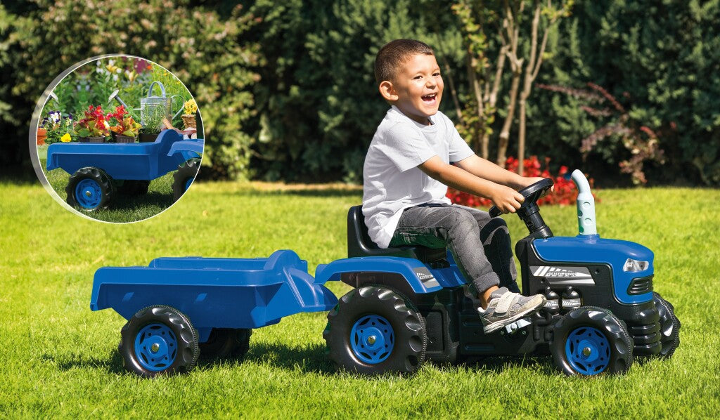 Dolu Traptractor Met Aanghanger &Amp; Claxon Blauw/Zwart Tractors Joy&Bloom