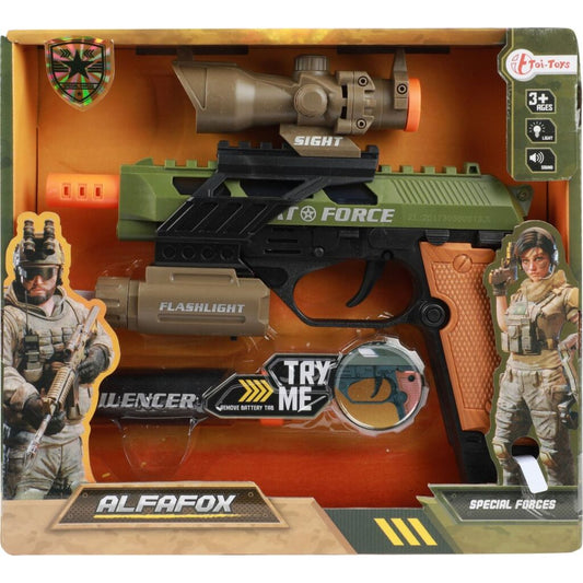 Toi-Toys Alfafox Militair Pistool Met Demper + Zaklamp + Licht En Geluid Default Title Geweer/Pistool Joy&Bloom