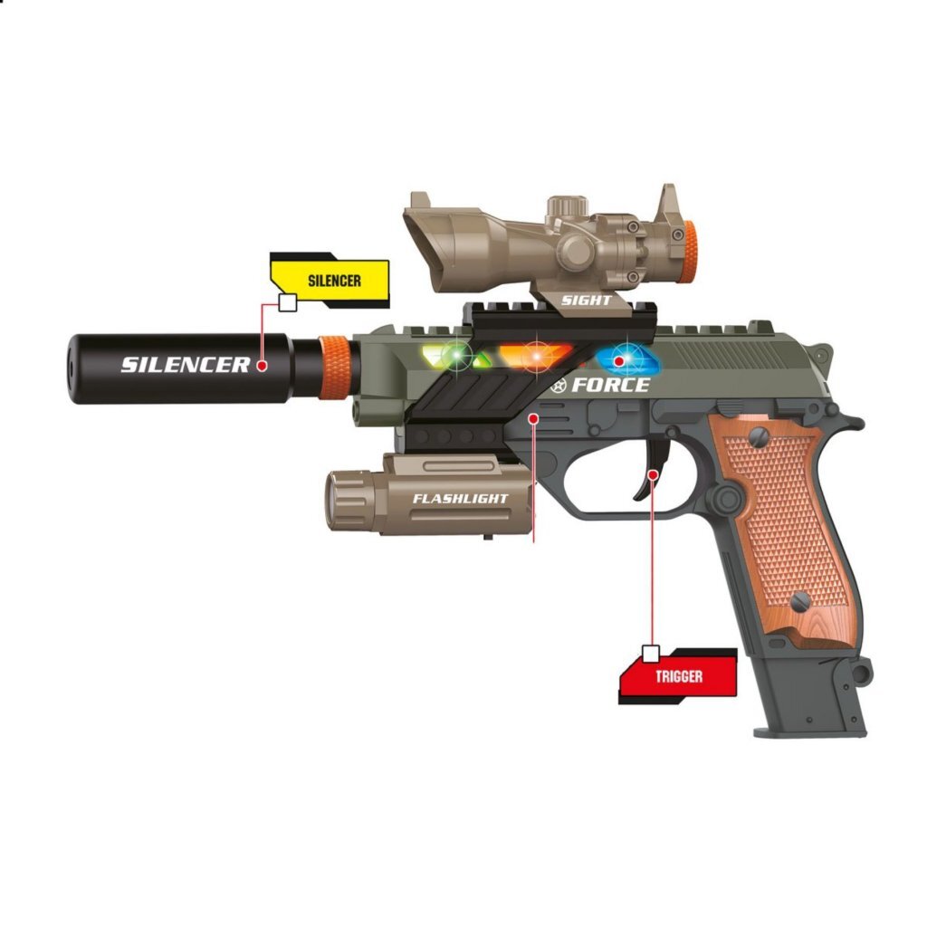 Toi-Toys Alfafox Militair Pistool Met Demper + Zaklamp + Licht En Geluid Geweer/Pistool Joy&Bloom