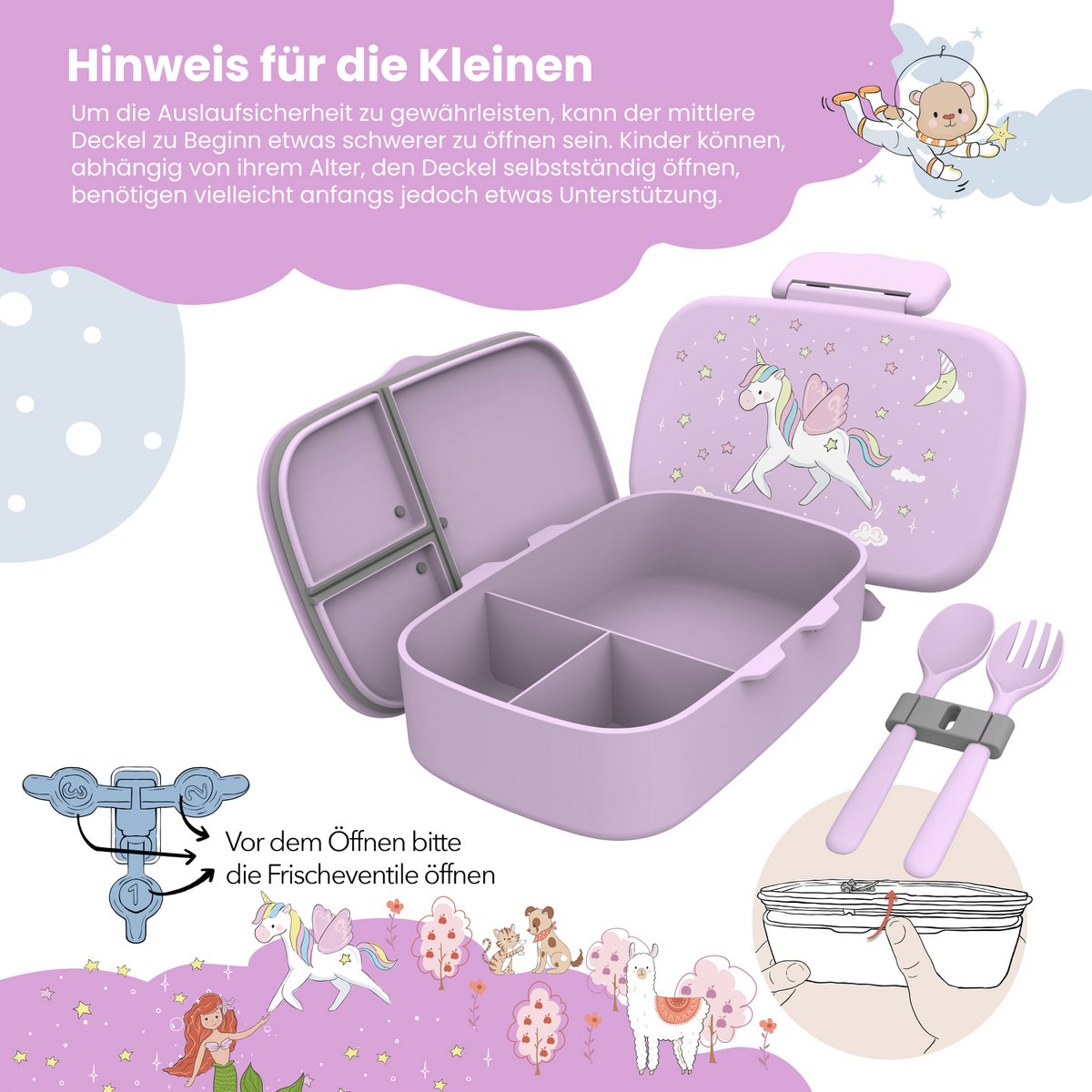 Kinderlunchbox met vakken, licht en lekvrij - eenhoorn Joy&Bloom