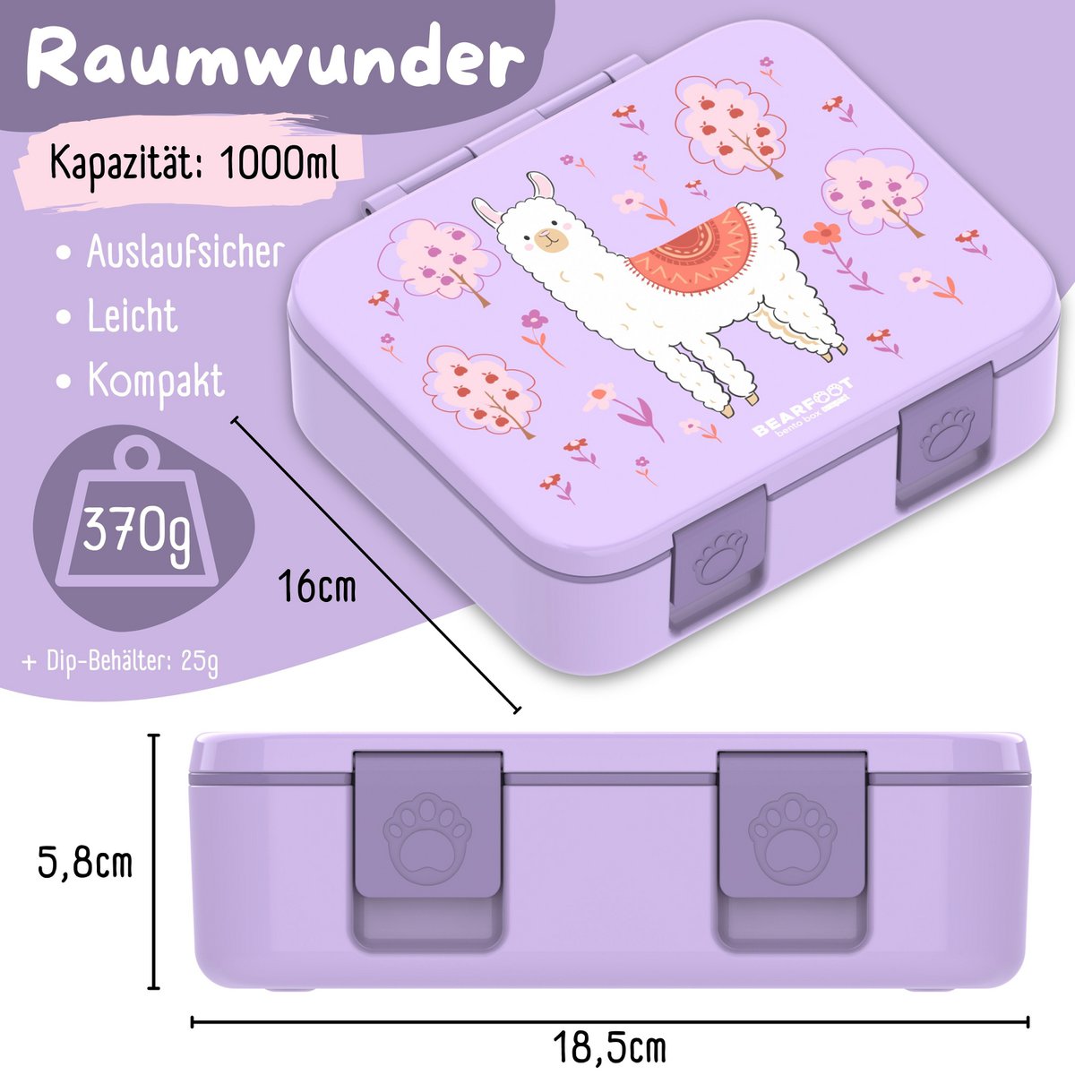 Lunchbox met onderwerpen, licht en lek -proof - lama alpaca lila Joy&Bloom