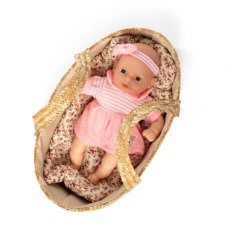Rieten Poppenreiswieg / Mozes mandje met bedsetje 35cm Joy&Bloom