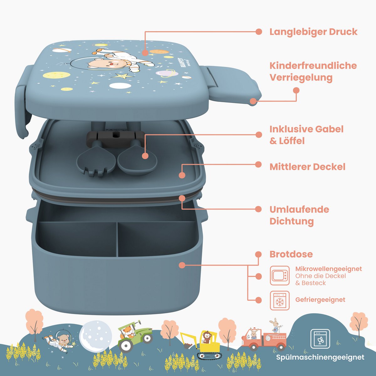 Kinderlunchbox met vakken, licht en lekvrij - beer Joy&Bloom
