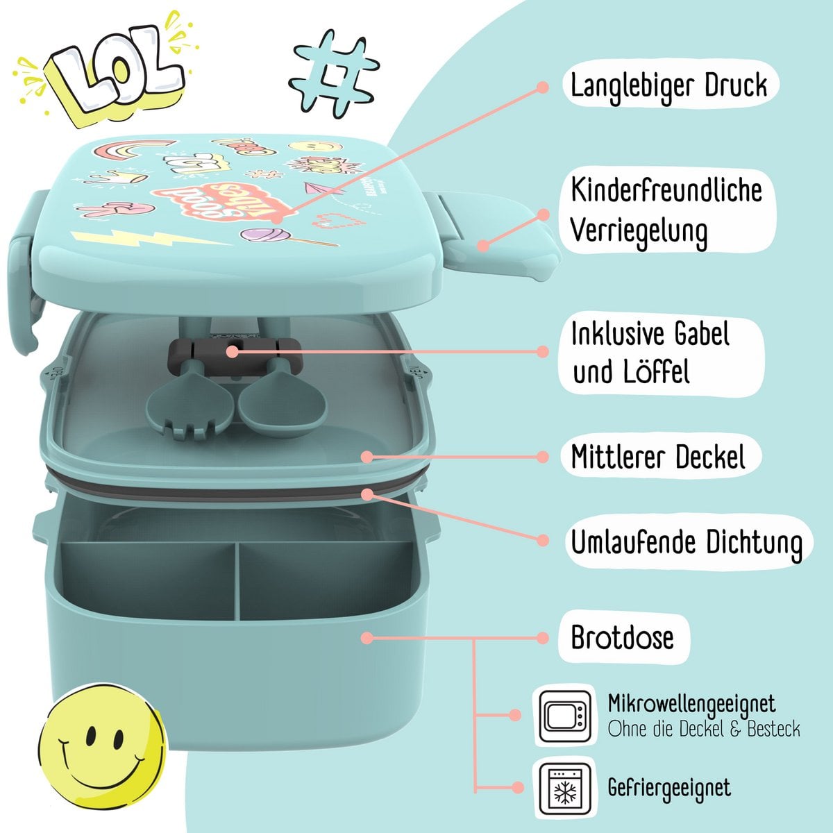 Kinderlunchbox met vakken, lekvrij - sticker, nieuwstaat Joy&Bloom